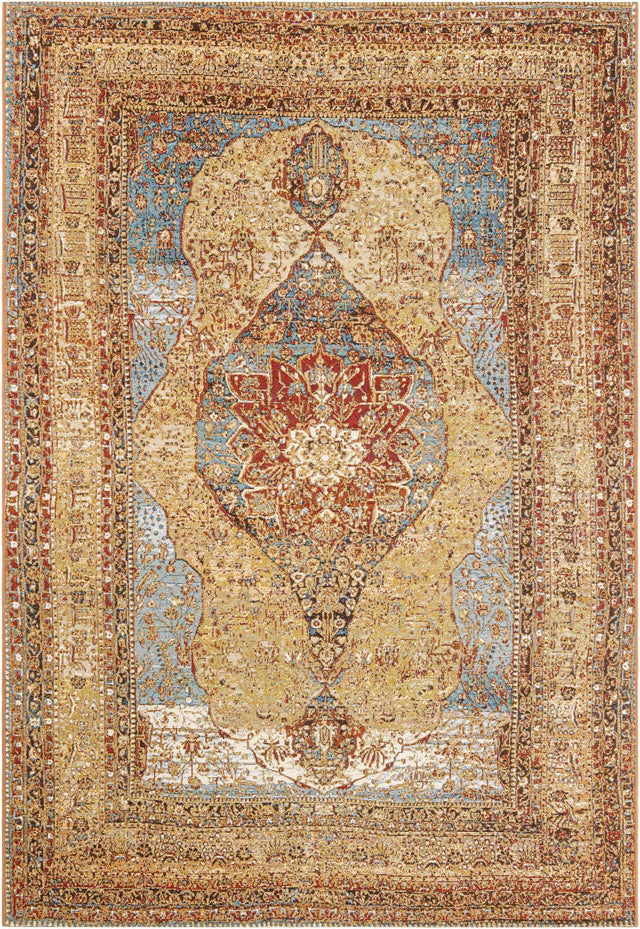 Blue and Light Brown 6' 1 x 9' Outdoor Traditional Rectangle Area Rug Weather Resistant for Patio, Deck, Terrace, Balcony, Porch Classical Design Outside Carpet for Sale at Rug Engine
