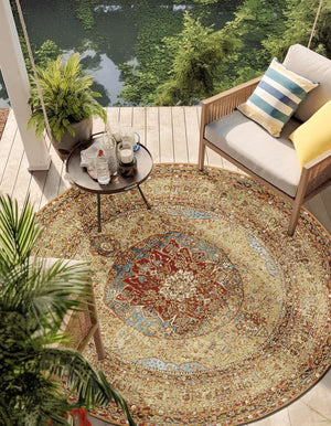 Blue and Light Brown 7' 10 x 7' 10 Outdoor Traditional Round Area Rug Weather Resistant for Patio, Deck, Terrace, Balcony, Porch Classical Design Outside Carpet for Sale at Rug Engine