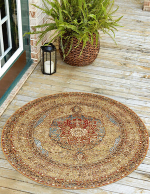 Blue and Light Brown 10' x 10' Outdoor Traditional Round Area Rug Weather Resistant for Patio, Deck, Terrace, Balcony, Porch Classical Design Outside Carpet for Sale at Rug Engine