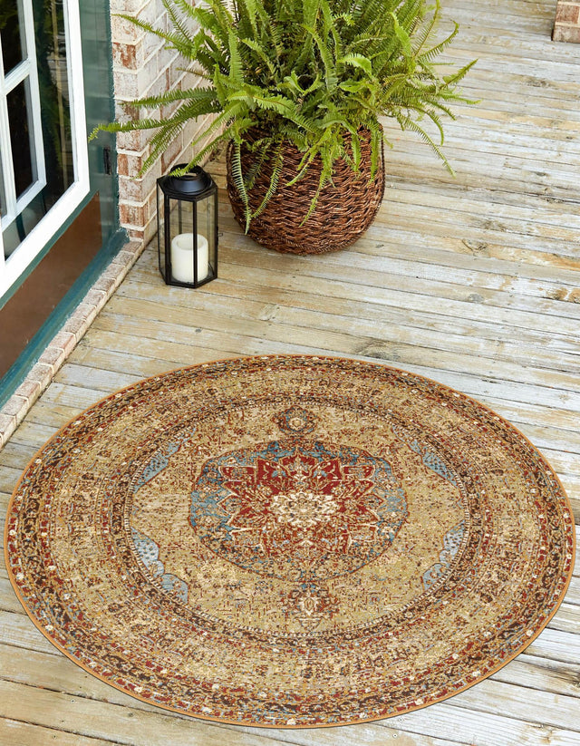 Blue and Light Brown 10' x 10' Outdoor Traditional Round Area Rug Weather Resistant for Patio, Deck, Terrace, Balcony, Porch Classical Design Outside Carpet for Sale at Rug Engine
