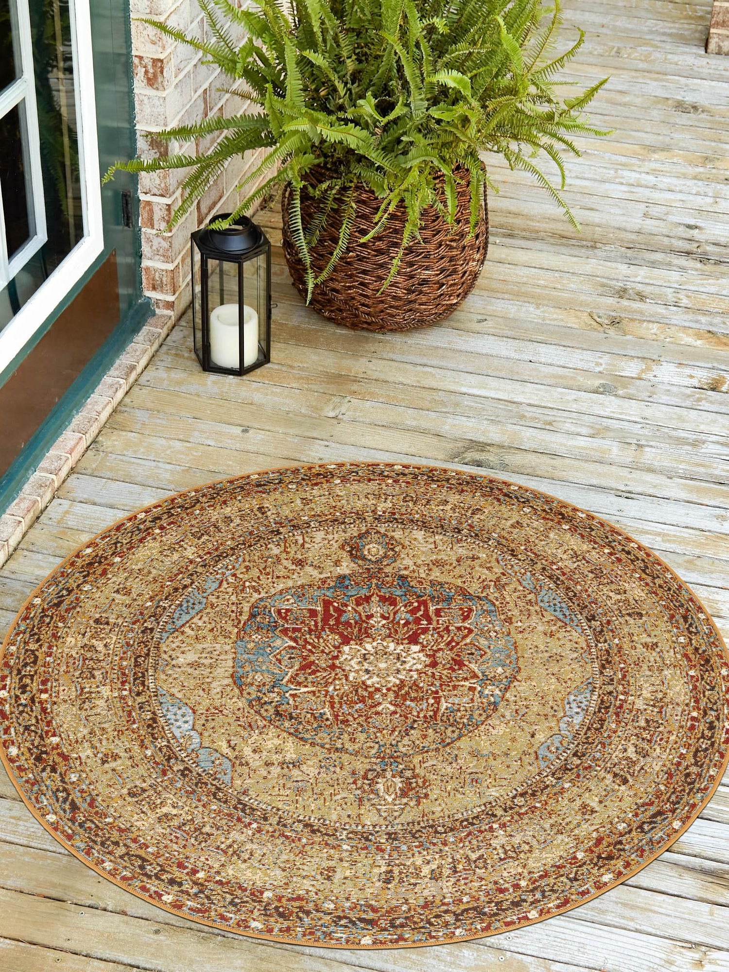 Blue and Light Brown 3' 3 x 3' 3 Outdoor Traditional Round Area Rug Weather Resistant for Patio, Deck, Terrace, Balcony, Porch Classical Design Outside Carpet for Sale at Rug Engine