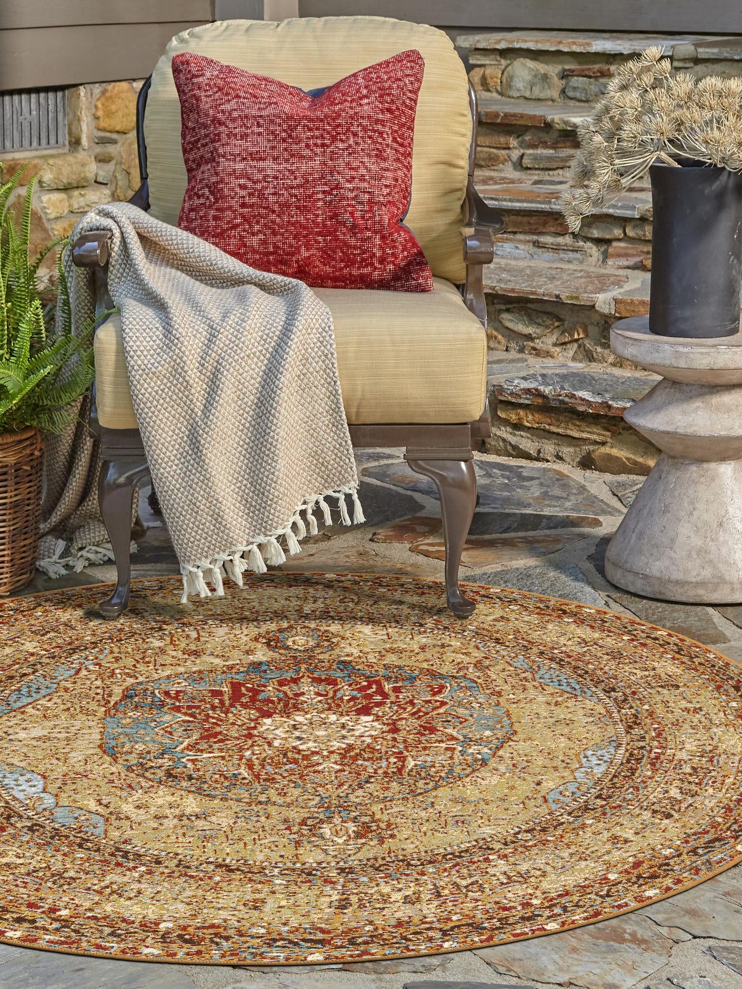 Blue and Light Brown 5' 3 x 5' 3 Outdoor Traditional Round Area Rug Weather Resistant for Patio, Deck, Terrace, Balcony, Porch Classical Design Outside Carpet for Sale at Rug Engine
