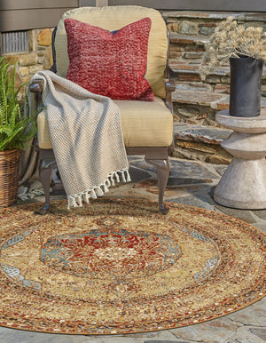 Blue and Light Brown 7' 10 x 7' 10 Outdoor Traditional Round Area Rug Weather Resistant for Patio, Deck, Terrace, Balcony, Porch Classical Design Outside Carpet for Sale at Rug Engine