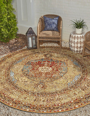 Blue and Light Brown 4' 1 x 4' 1 Outdoor Traditional Round Area Rug Weather Resistant for Patio, Deck, Terrace, Balcony, Porch Classical Design Outside Carpet for Sale at Rug Engine