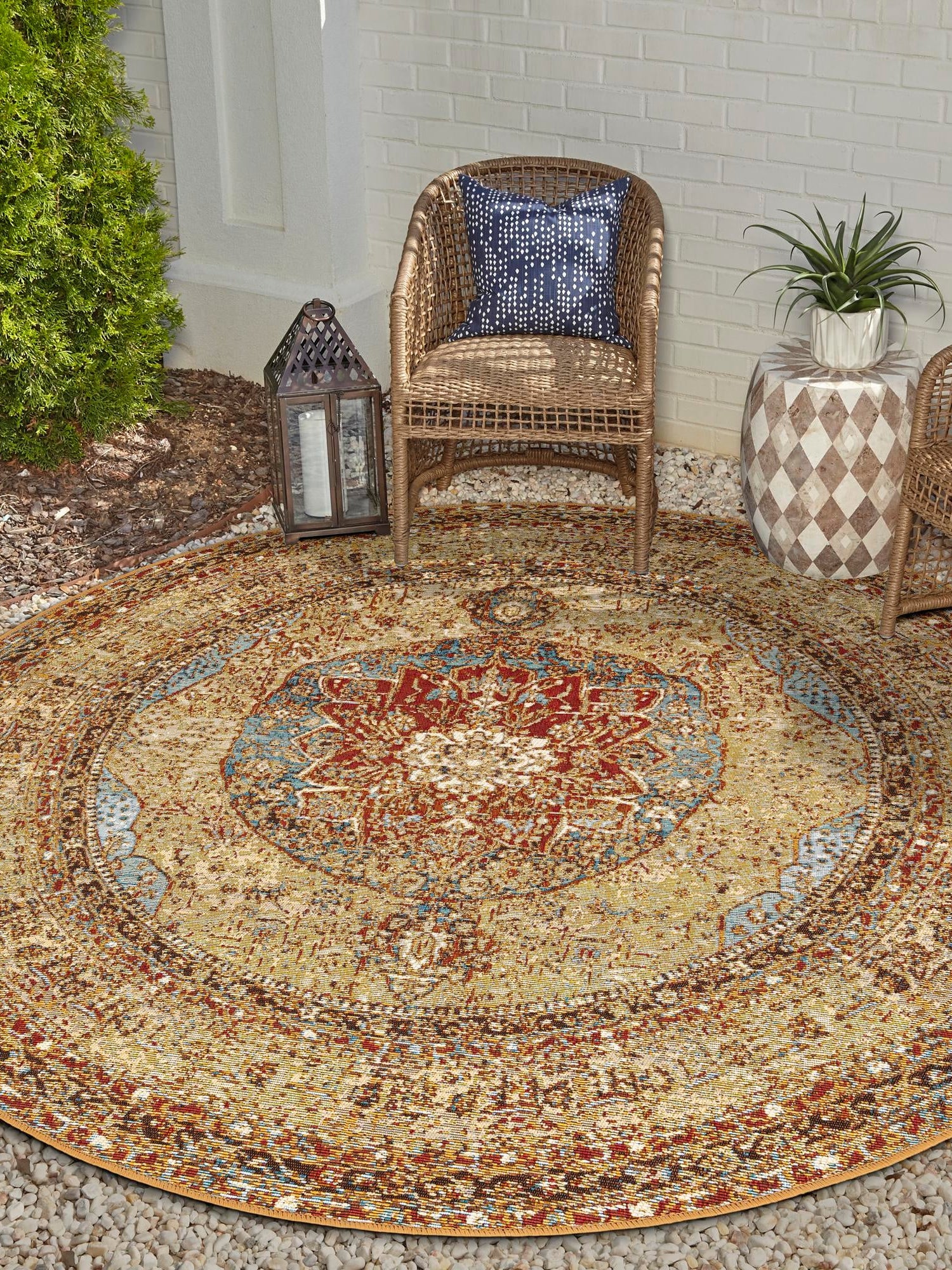 Blue and Light Brown 7' 10 x 7' 10 Outdoor Traditional Round Area Rug Weather Resistant for Patio, Deck, Terrace, Balcony, Porch Classical Design Outside Carpet for Sale at Rug Engine