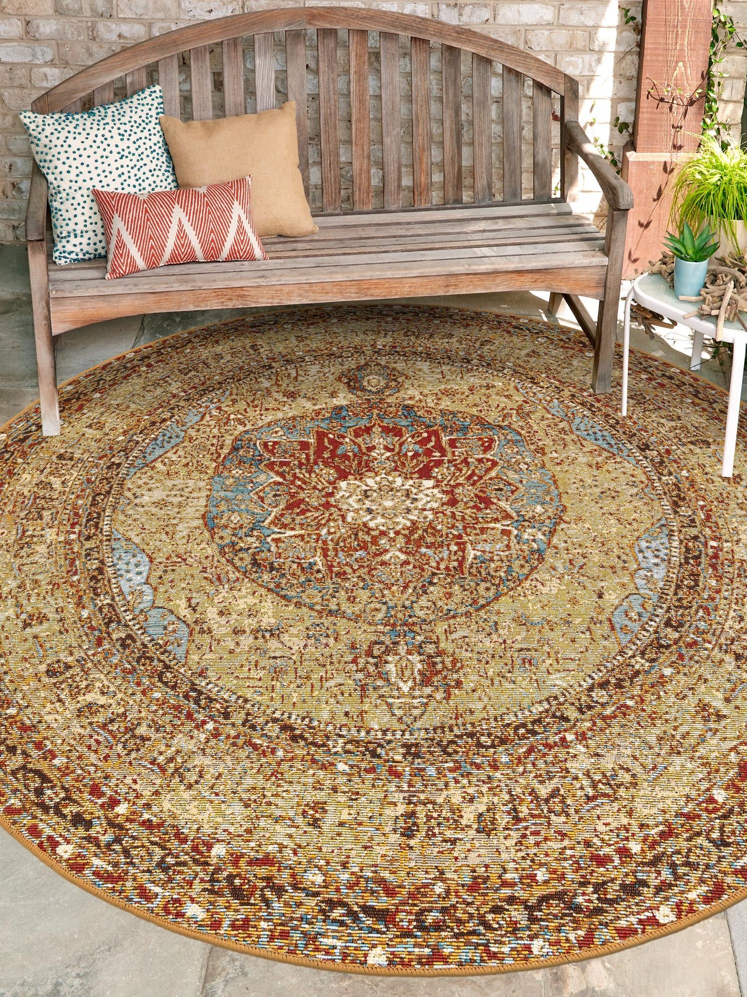 Blue and Light Brown 4' 1 x 4' 1 Outdoor Traditional Round Area Rug Weather Resistant for Patio, Deck, Terrace, Balcony, Porch Classical Design Outside Carpet for Sale at Rug Engine