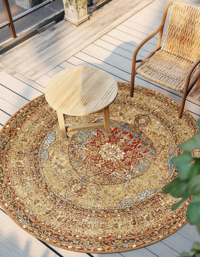 Blue and Light Brown 5' 3 x 5' 3 Outdoor Traditional Round Area Rug Weather Resistant for Patio, Deck, Terrace, Balcony, Porch Classical Design Outside Carpet for Sale at Rug Engine
