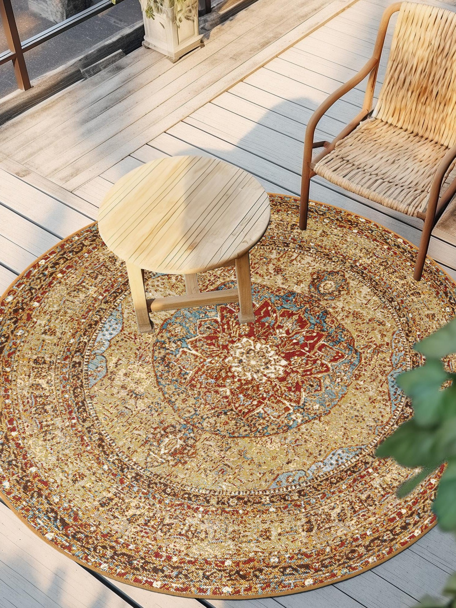 Blue and Light Brown 7' 10 x 7' 10 Outdoor Traditional Round Area Rug Weather Resistant for Patio, Deck, Terrace, Balcony, Porch Classical Design Outside Carpet for Sale at Rug Engine