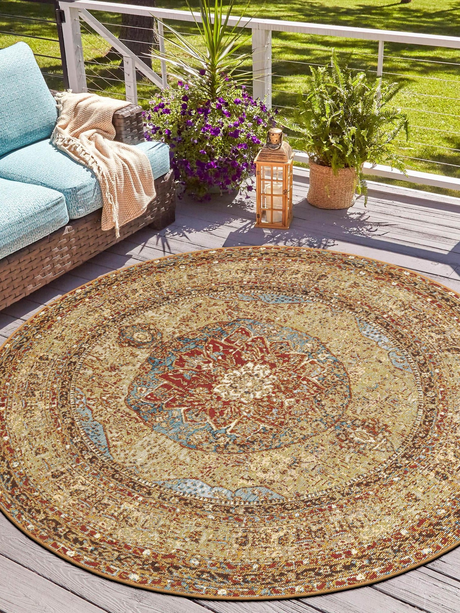 Blue and Light Brown 5' 3 x 5' 3 Outdoor Traditional Round Area Rug Weather Resistant for Patio, Deck, Terrace, Balcony, Porch Classical Design Outside Carpet for Sale at Rug Engine