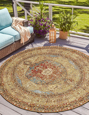 Blue and Light Brown 5' 3 x 5' 3 Outdoor Traditional Round Area Rug Weather Resistant for Patio, Deck, Terrace, Balcony, Porch Classical Design Outside Carpet for Sale at Rug Engine