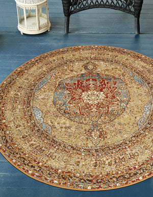 Blue and Light Brown 10' x 10' Outdoor Traditional Round Area Rug Weather Resistant for Patio, Deck, Terrace, Balcony, Porch Classical Design Outside Carpet for Sale at Rug Engine
