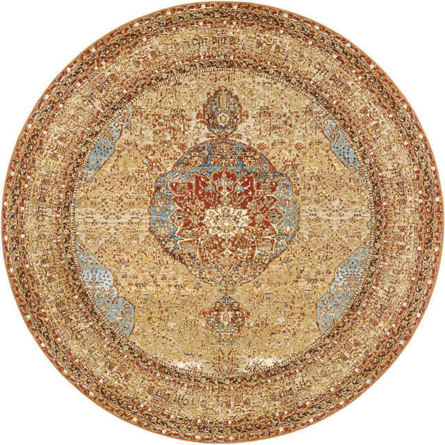 Blue and Light Brown 7' 10 x 7' 10 Outdoor Traditional Round Area Rug Weather Resistant for Patio, Deck, Terrace, Balcony, Porch Classical Design Outside Carpet for Sale at Rug Engine