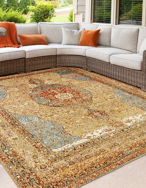 Blue and Light Brown 10' x 10' Outdoor Traditional Square Area Rug Weather Resistant for Patio, Deck, Terrace, Balcony, Porch Classical Design Outside Carpet for Sale at Rug Engine