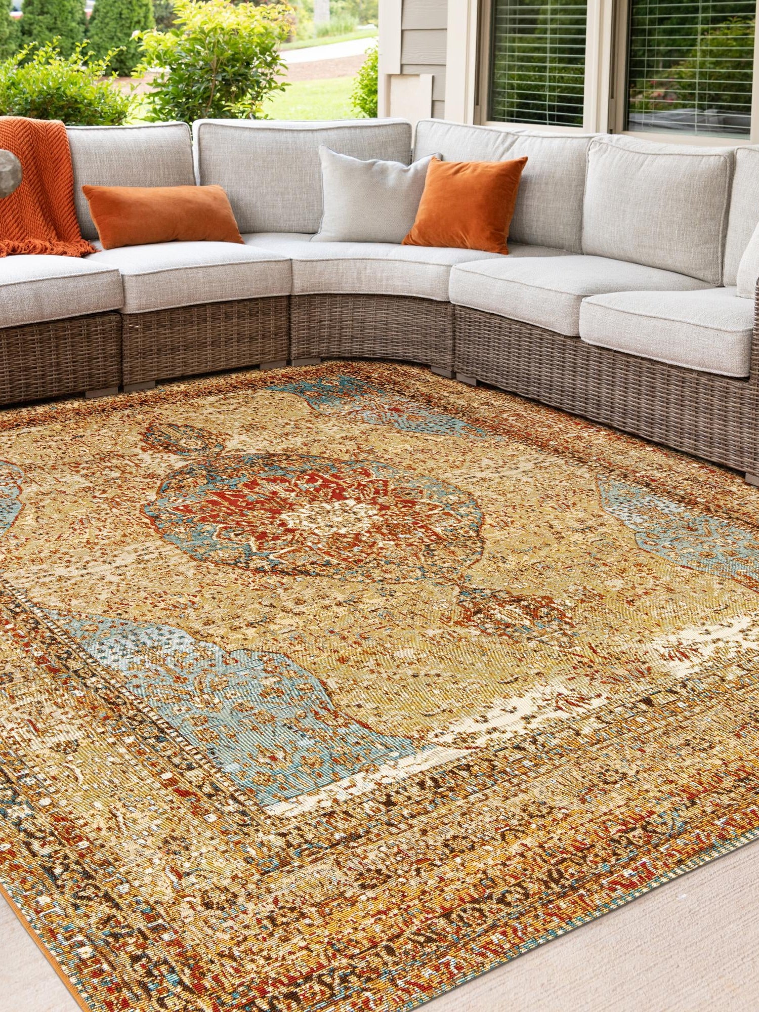 Blue and Light Brown 7' 10 x 7' 10 Outdoor Traditional Square Area Rug Weather Resistant for Patio, Deck, Terrace, Balcony, Porch Classical Design Outside Carpet for Sale at Rug Engine