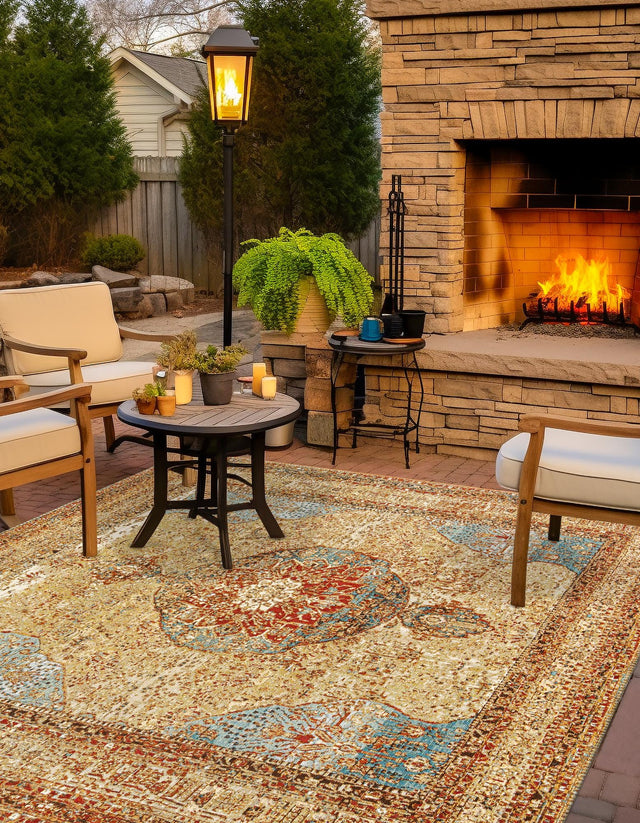 Blue and Light Brown 7' 10 x 7' 10 Outdoor Traditional Square Area Rug Weather Resistant for Patio, Deck, Terrace, Balcony, Porch Classical Design Outside Carpet for Sale at Rug Engine