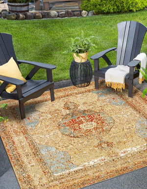 Blue and Light Brown 7' 10 x 7' 10 Outdoor Traditional Square Area Rug Weather Resistant for Patio, Deck, Terrace, Balcony, Porch Classical Design Outside Carpet for Sale at Rug Engine