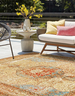 Blue and Light Brown 10' x 10' Outdoor Traditional Square Area Rug Weather Resistant for Patio, Deck, Terrace, Balcony, Porch Classical Design Outside Carpet for Sale at Rug Engine