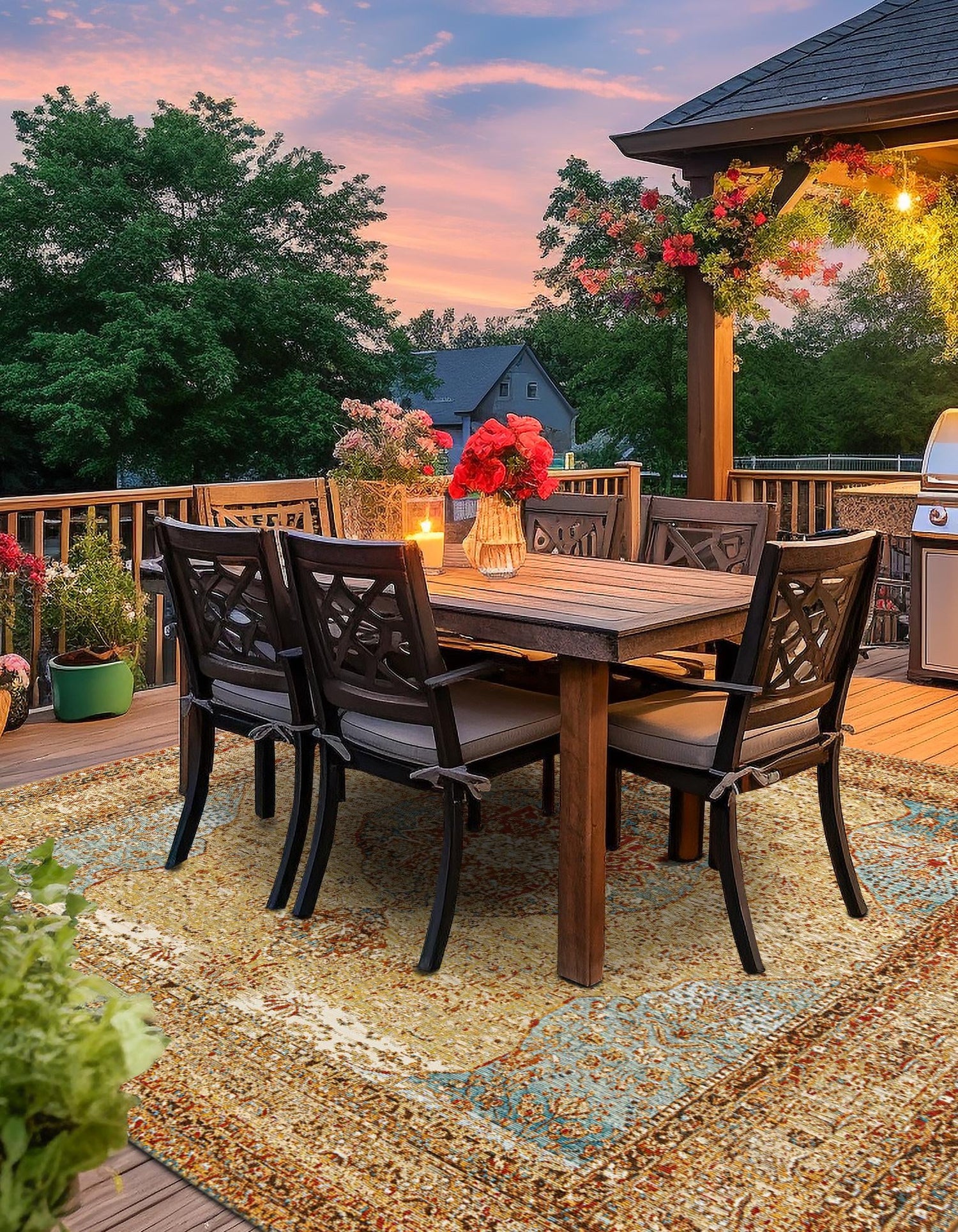 Blue and Light Brown 7' 10 x 7' 10 Outdoor Traditional Square Area Rug Weather Resistant for Patio, Deck, Terrace, Balcony, Porch Classical Design Outside Carpet for Sale at Rug Engine