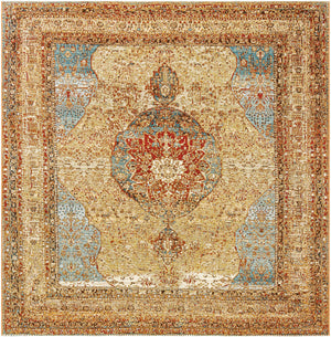 Blue and Light Brown 7' 10 x 7' 10 Outdoor Traditional Square Area Rug Weather Resistant for Patio, Deck, Terrace, Balcony, Porch Classical Design Outside Carpet for Sale at Rug Engine