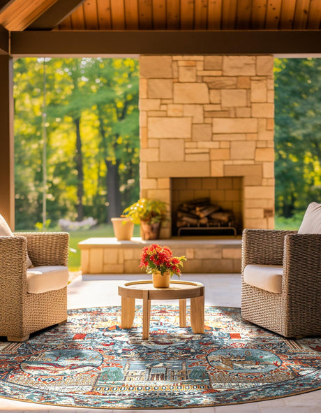 Multicolor 10' x 10' Outdoor Traditional Round Area Rug Weather Resistant for Patio, Deck, Terrace, Balcony, Porch Classical Design Outside Carpet for Sale at Rug Engine