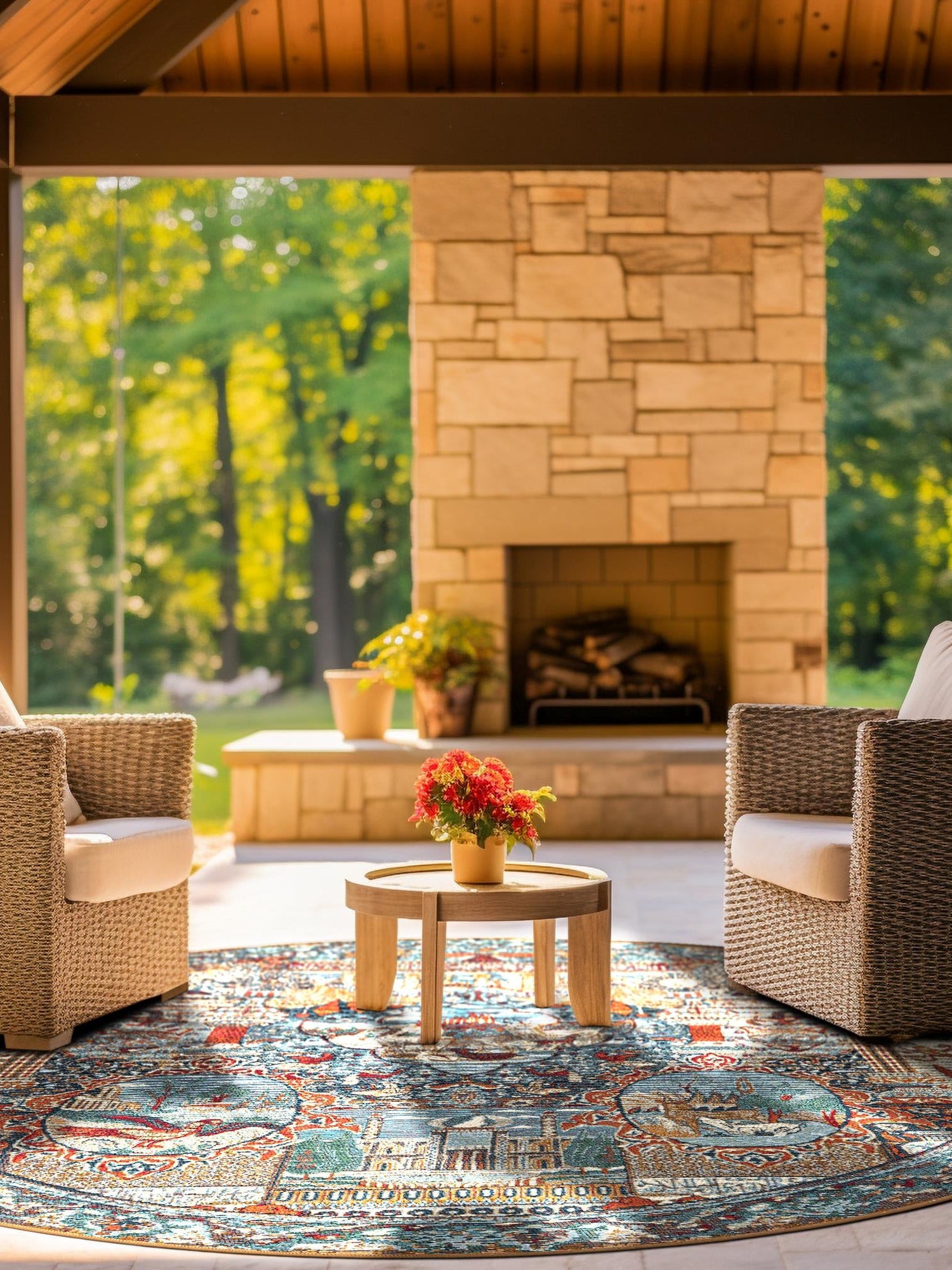 Multicolor 7' 10 x 7' 10 Outdoor Traditional Round Area Rug Weather Resistant for Patio, Deck, Terrace, Balcony, Porch Classical Design Outside Carpet for Sale at Rug Engine