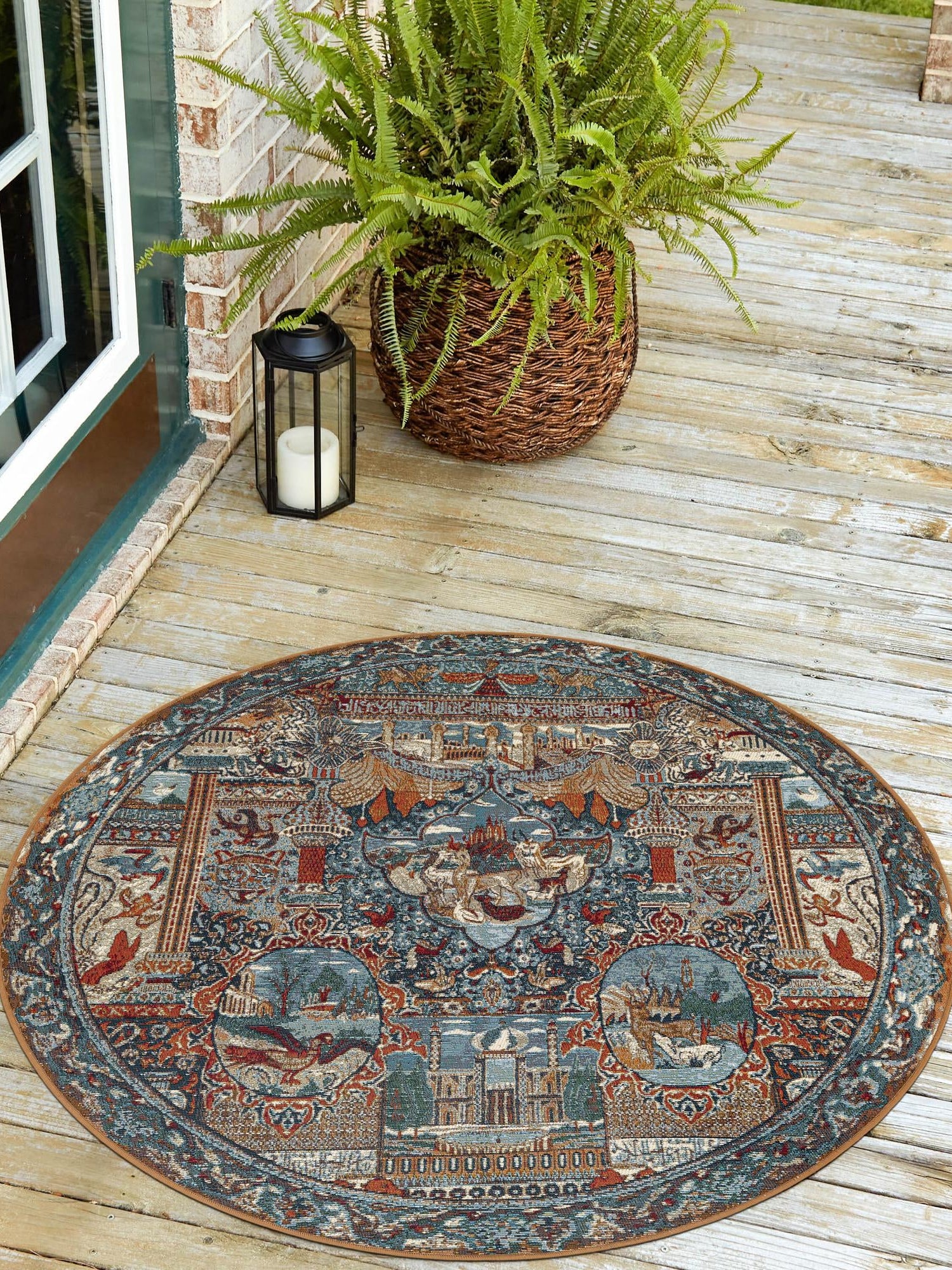Multicolor 7' 10 x 7' 10 Outdoor Traditional Round Area Rug Weather Resistant for Patio, Deck, Terrace, Balcony, Porch Classical Design Outside Carpet for Sale at Rug Engine