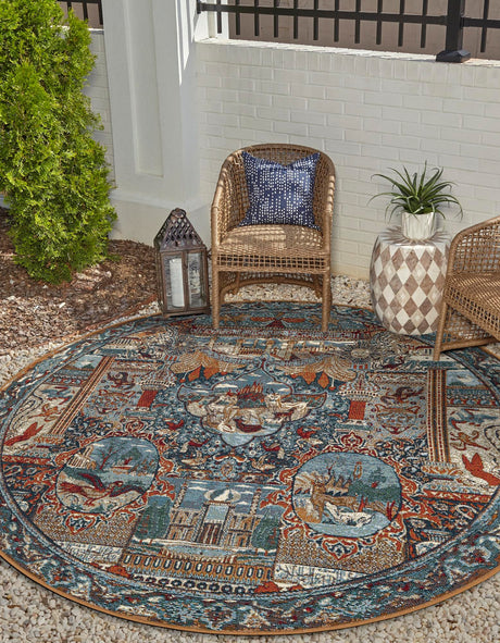 Multicolor 10' x 10' Outdoor Traditional Round Area Rug Weather Resistant for Patio, Deck, Terrace, Balcony, Porch Classical Design Outside Carpet for Sale at Rug Engine
