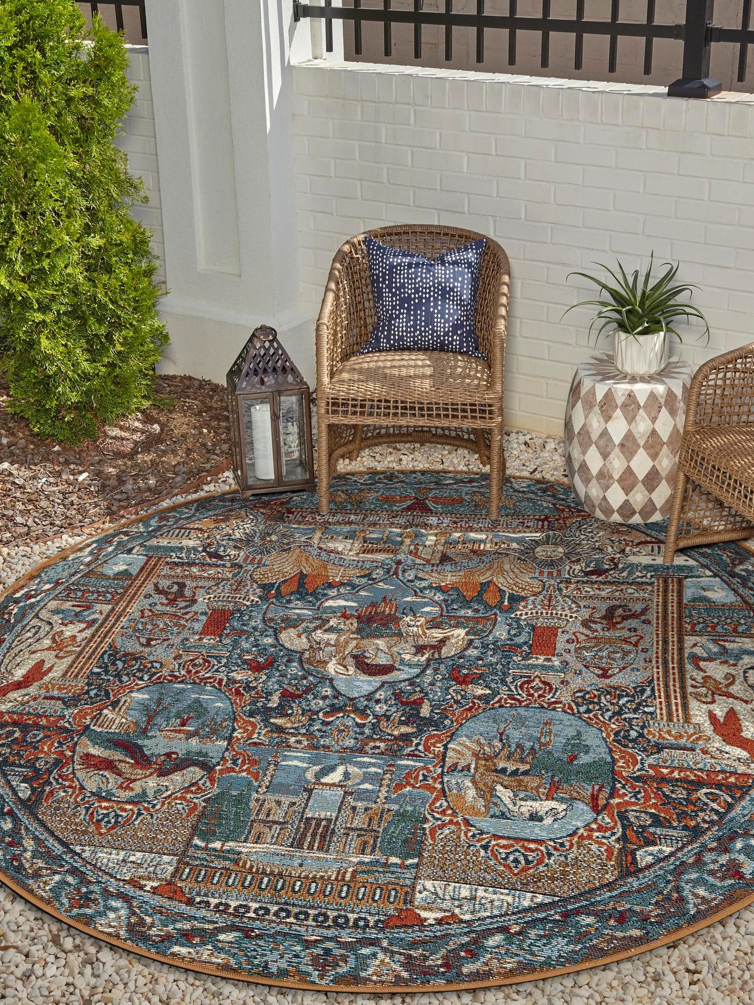 Multicolor 4' 1 x 4' 1 Outdoor Traditional Round Area Rug Weather Resistant for Patio, Deck, Terrace, Balcony, Porch Classical Design Outside Carpet for Sale at Rug Engine