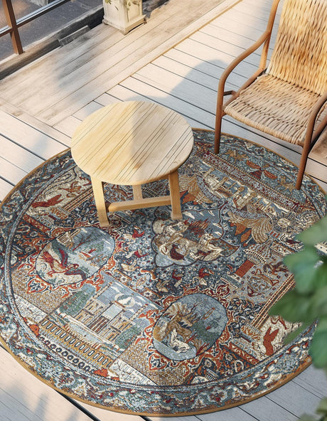 Multicolor 10' x 10' Outdoor Traditional Round Area Rug Weather Resistant for Patio, Deck, Terrace, Balcony, Porch Classical Design Outside Carpet for Sale at Rug Engine