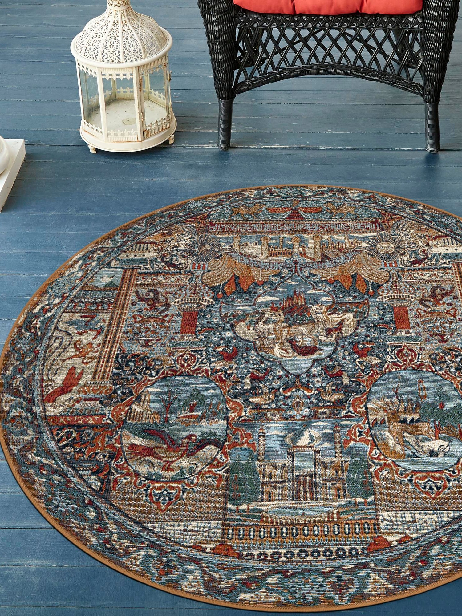 Multicolor 5' 3 x 5' 3 Outdoor Traditional Round Area Rug Weather Resistant for Patio, Deck, Terrace, Balcony, Porch Classical Design Outside Carpet for Sale at Rug Engine