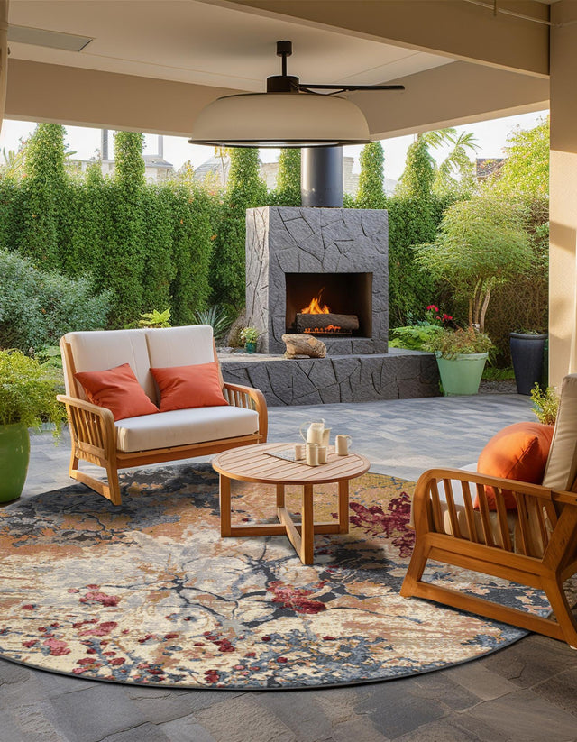 Multicolor 7' 10 x 7' 10 Outdoor Modern Round Area Rug Weather Resistant for Patio, Deck, Terrace, Balcony, Porch 100% Polypropylene Modern Outside Carpet for Sale at Rug Engine