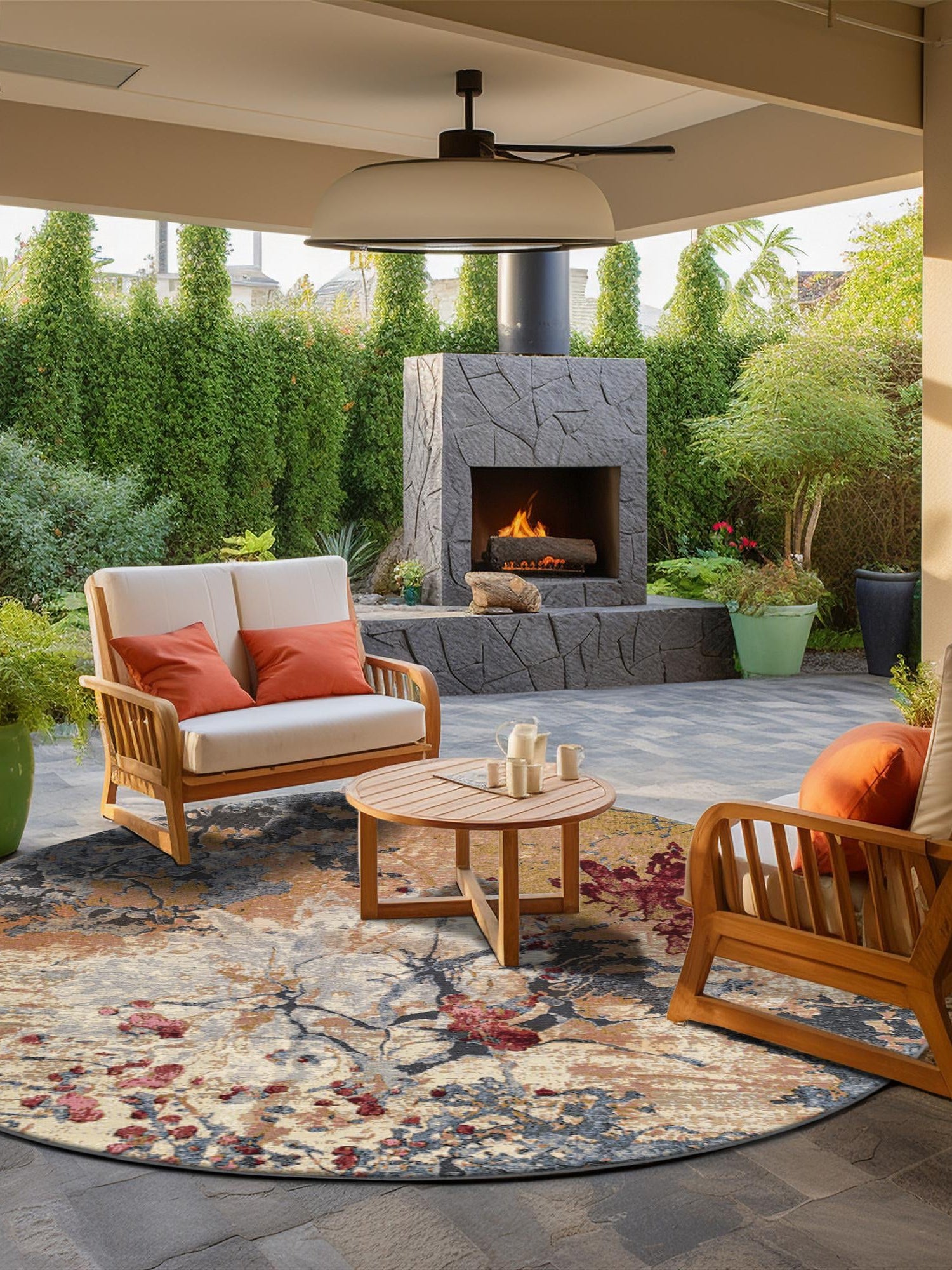 Multicolor 10' x 10' Outdoor Modern Round Area Rug Weather Resistant for Patio, Deck, Terrace, Balcony, Porch