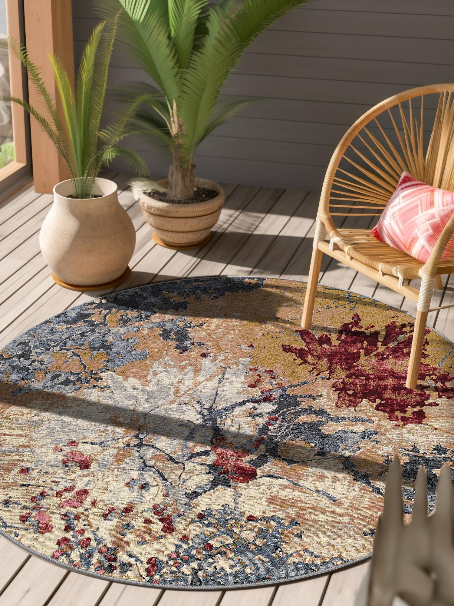 Multicolor 5' 3 x 5' 3 Outdoor Modern Round Area Rug Weather Resistant for Patio, Deck, Terrace, Balcony, Porch 100% Polypropylene Modern Outside Carpet for Sale at Rug Engine