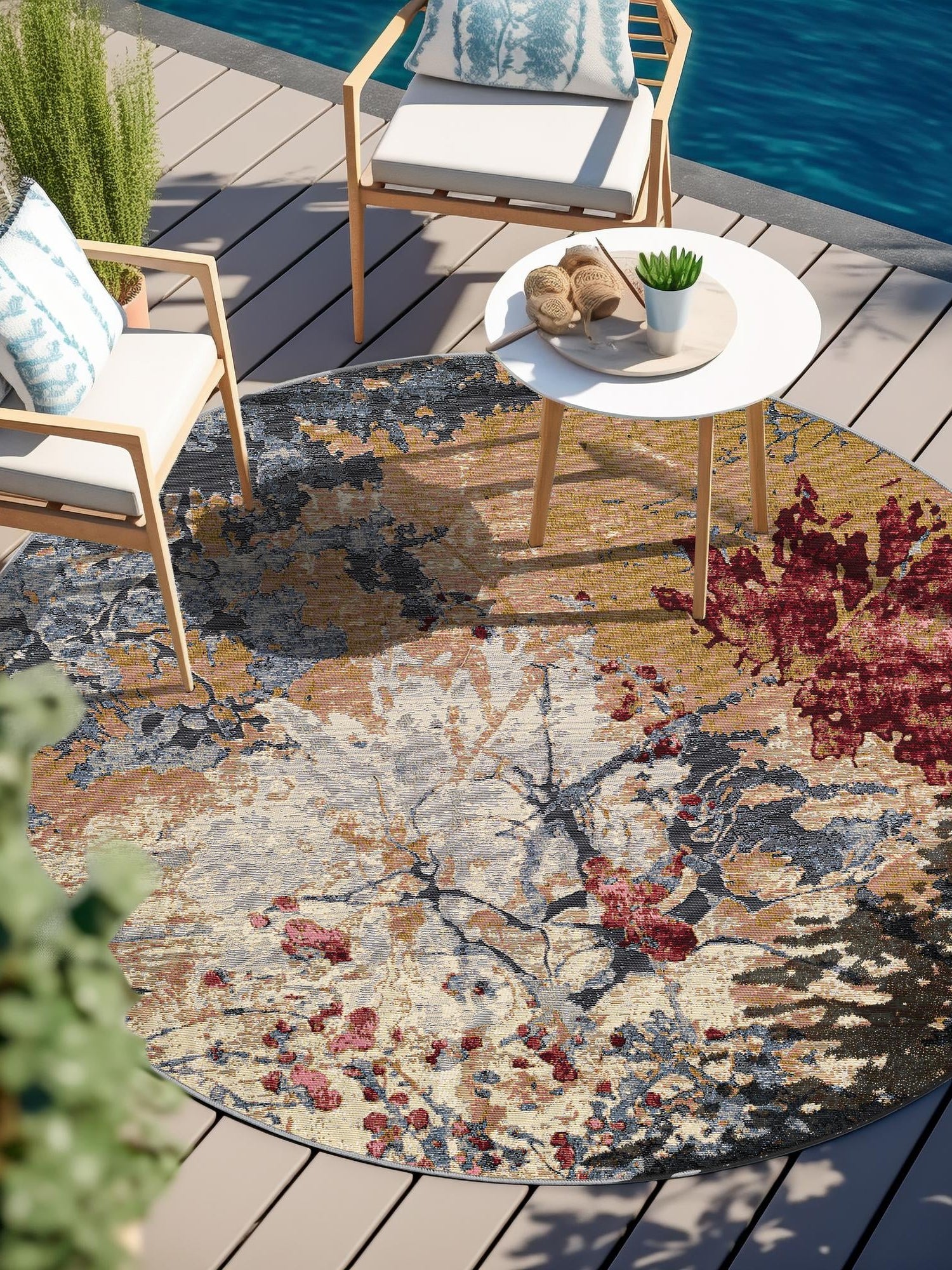 Multicolor 10' x 10' Outdoor Modern Round Area Rug Weather Resistant for Patio, Deck, Terrace, Balcony, Porch