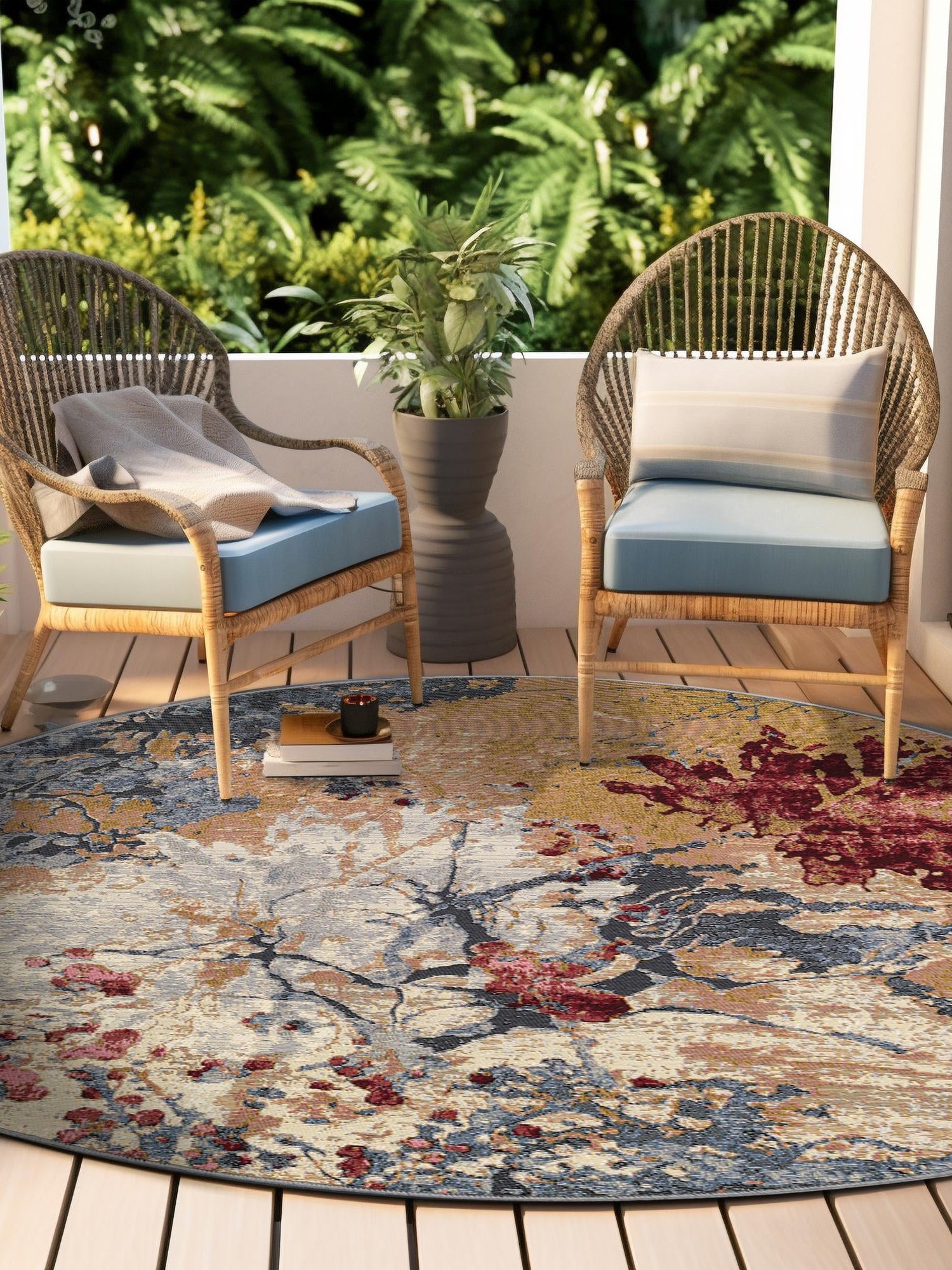 Multicolor 10' x 10' Outdoor Modern Round Area Rug Weather Resistant for Patio, Deck, Terrace, Balcony, Porch