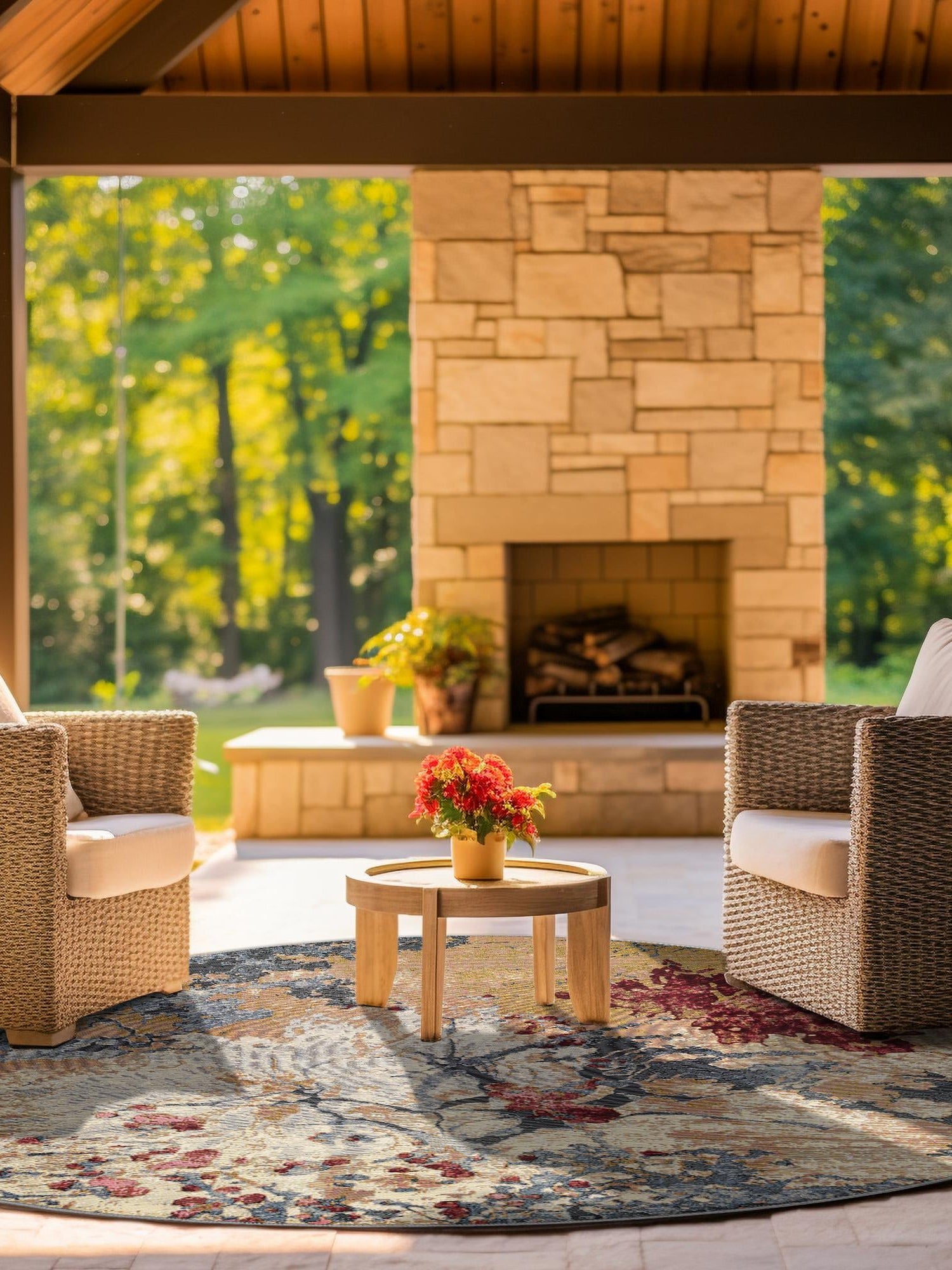 Multicolor 10' x 10' Outdoor Modern Round Area Rug Weather Resistant for Patio, Deck, Terrace, Balcony, Porch