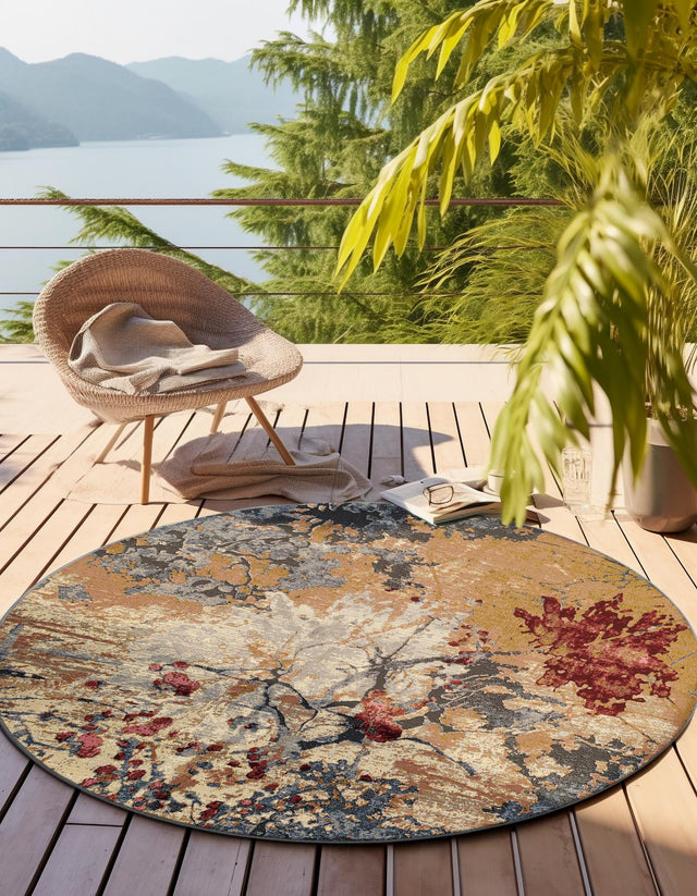 Multicolor 7' 10 x 7' 10 Outdoor Modern Round Area Rug Weather Resistant for Patio, Deck, Terrace, Balcony, Porch 100% Polypropylene Modern Outside Carpet for Sale at Rug Engine