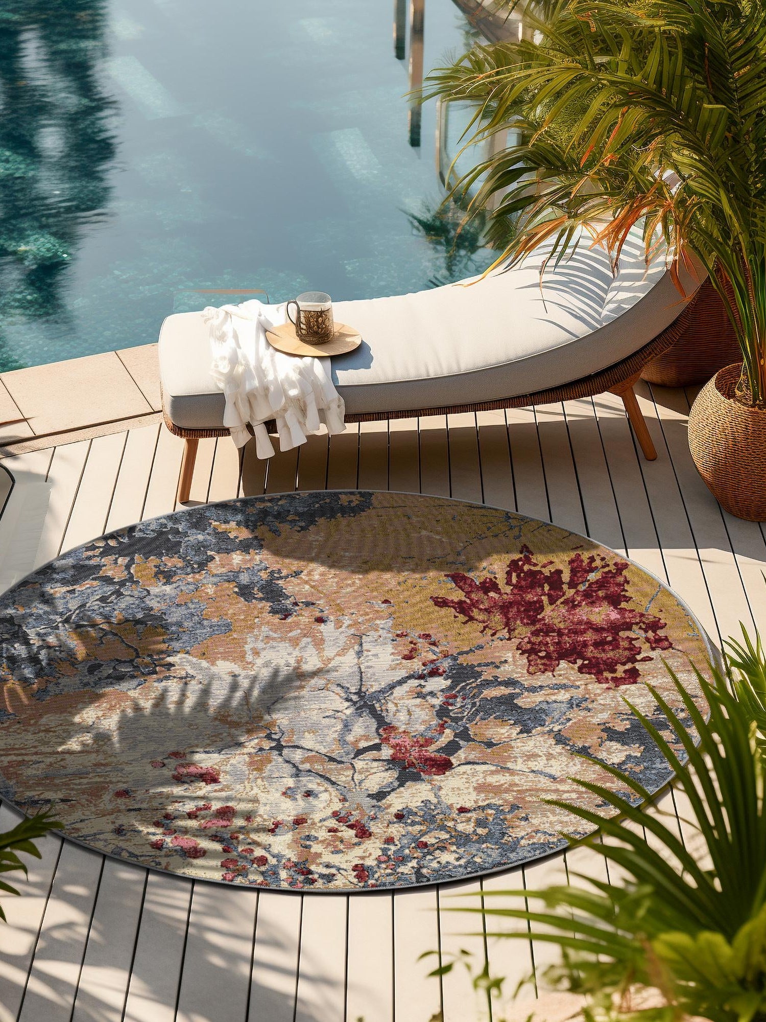 Multicolor 5' 3 x 5' 3 Outdoor Modern Round Area Rug Weather Resistant for Patio, Deck, Terrace, Balcony, Porch 100% Polypropylene Modern Outside Carpet for Sale at Rug Engine