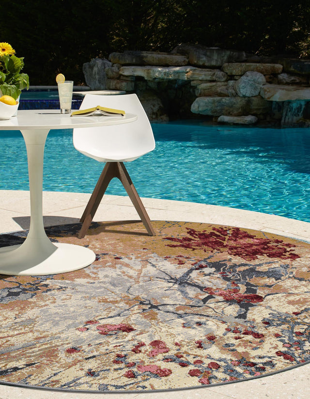 Multicolor 7' 10 x 7' 10 Outdoor Modern Round Area Rug Weather Resistant for Patio, Deck, Terrace, Balcony, Porch 100% Polypropylene Modern Outside Carpet for Sale at Rug Engine