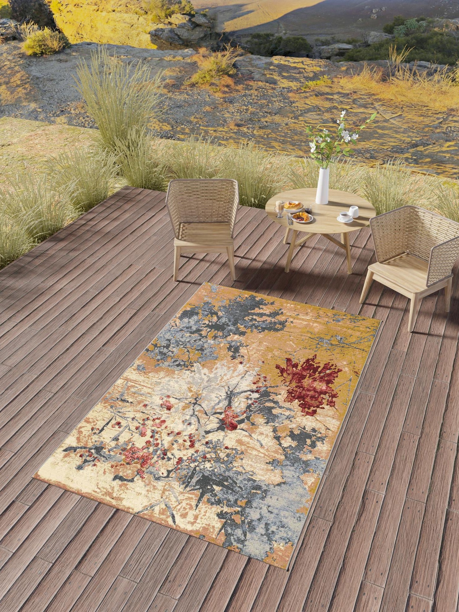 Multicolor 5' 3 x 8' Outdoor Modern Rectangle Area Rug Weather Resistant for Patio, Deck, Terrace, Balcony, Porch 100% Polypropylene Modern Outside Carpet for Sale at Rug Engine