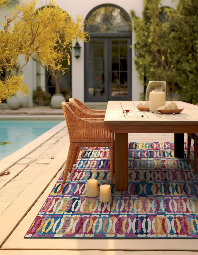 Multicolor 7' 10 x 7' 10 Outdoor Modern Square Area Rug Weather Resistant for Patio, Deck, Terrace, Balcony, Porch 100% Polypropylene Modern Outside Carpet for Sale at Rug Engine