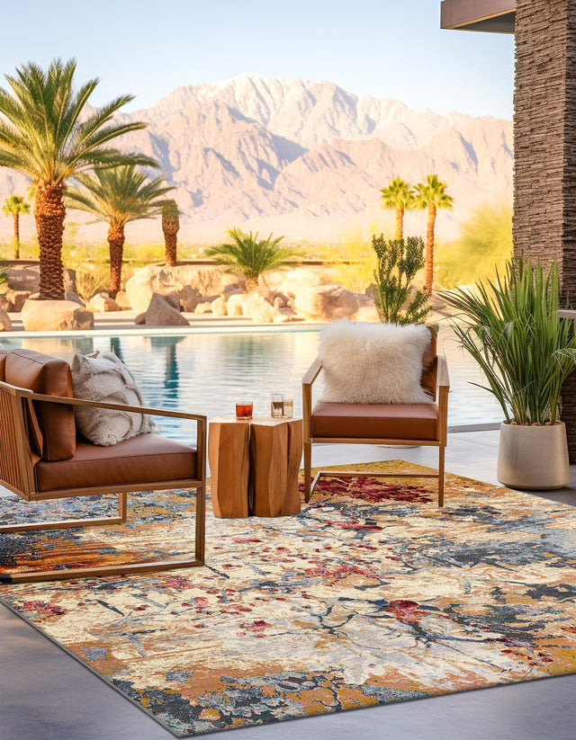 Multicolor 7' 10 x 7' 10 Outdoor Modern Square Area Rug Weather Resistant for Patio, Deck, Terrace, Balcony, Porch 100% Polypropylene Modern Outside Carpet for Sale at Rug Engine