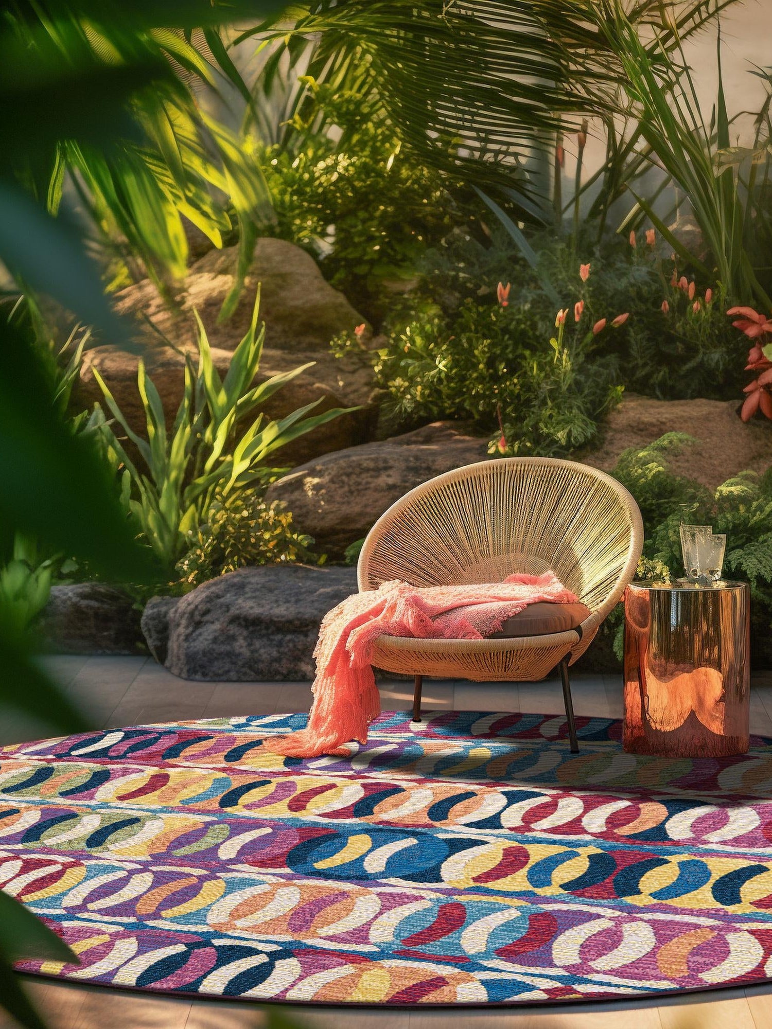 Multicolor 7' 10 x 7' 10 Outdoor Modern Round Area Rug Weather Resistant for Patio, Deck, Terrace, Balcony, Porch 100% Polypropylene Modern Outside Carpet for Sale at Rug Engine