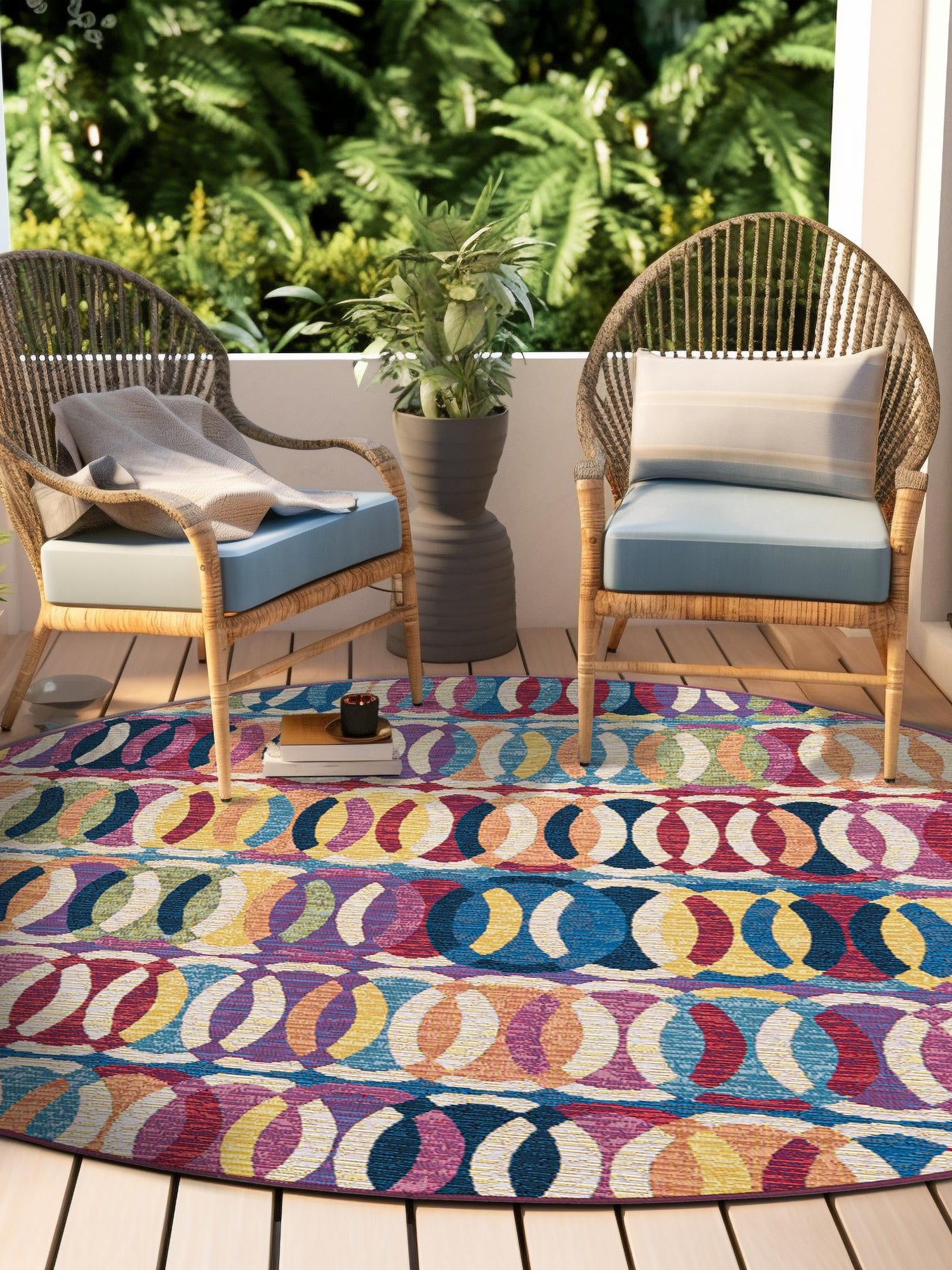 Multicolor 10' x 10' Outdoor Modern Round Area Rug Weather Resistant for Patio, Deck, Terrace, Balcony, Porch 100% Polypropylene Modern Outside Carpet for Sale at Rug Engine