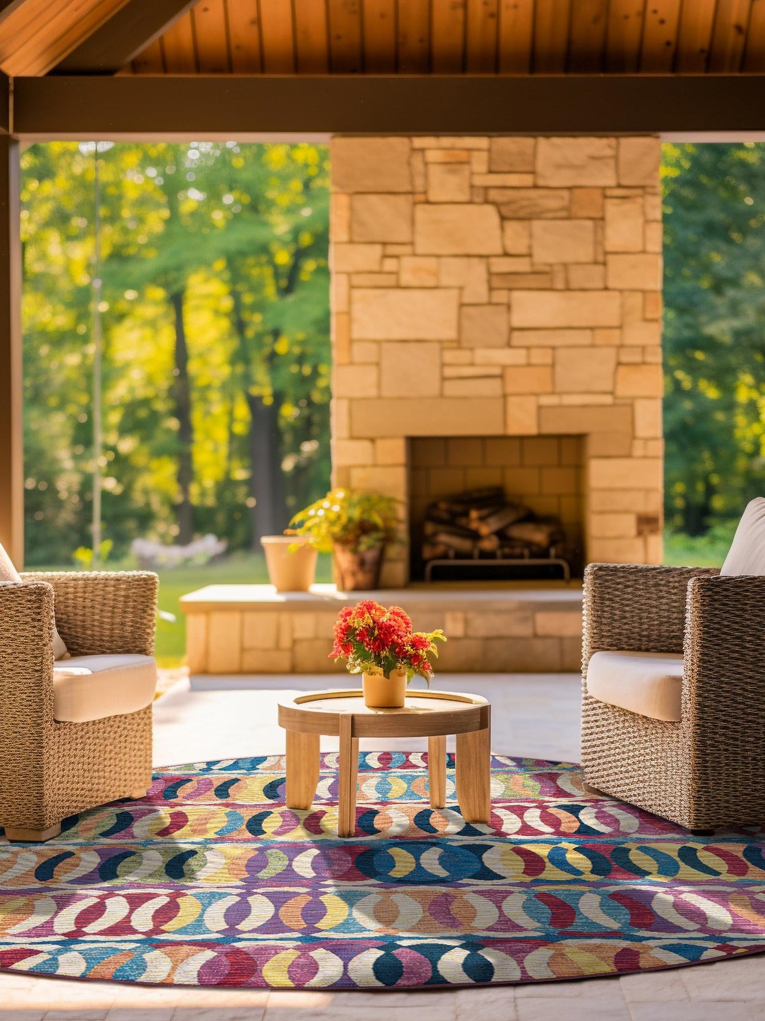 Multicolor 7' 10 x 7' 10 Outdoor Modern Round Area Rug Weather Resistant for Patio, Deck, Terrace, Balcony, Porch 100% Polypropylene Modern Outside Carpet for Sale at Rug Engine