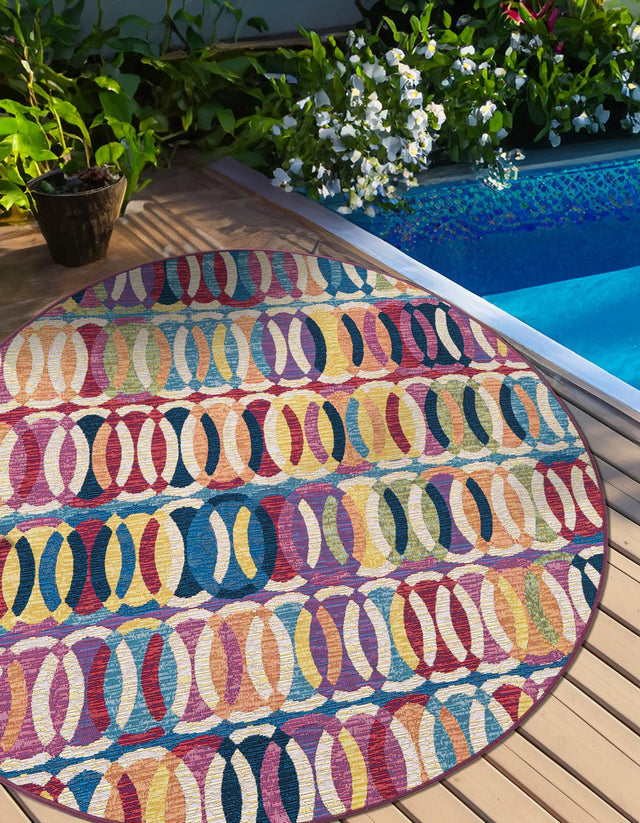 Multicolor 5' 3 x 5' 3 Outdoor Modern Round Area Rug Weather Resistant for Patio, Deck, Terrace, Balcony, Porch 100% Polypropylene Modern Outside Carpet for Sale at Rug Engine
