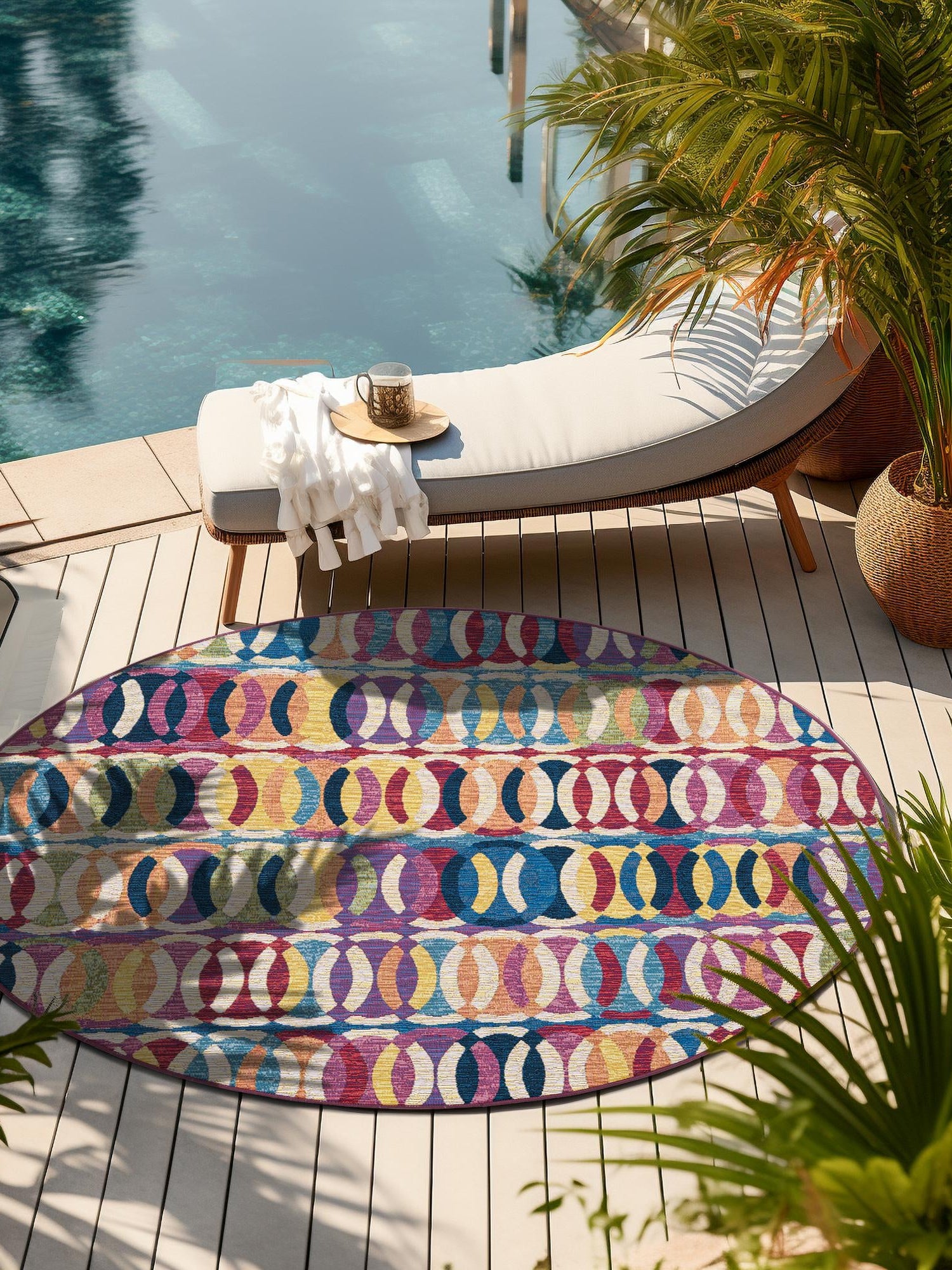 Multicolor 3' 3 x 3' 3 Outdoor Modern Round Area Rug Weather Resistant for Patio, Deck, Terrace, Balcony, Porch 100% Polypropylene Modern Outside Carpet for Sale at Rug Engine