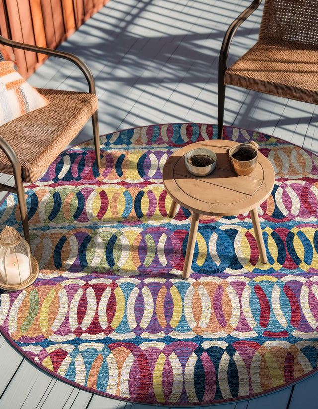 Multicolor 3' 3 x 3' 3 Outdoor Modern Round Area Rug Weather Resistant for Patio, Deck, Terrace, Balcony, Porch 100% Polypropylene Modern Outside Carpet for Sale at Rug Engine