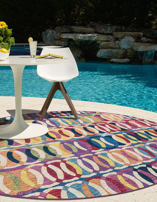 Multicolor 3' 3 x 3' 3 Outdoor Modern Round Area Rug Weather Resistant for Patio, Deck, Terrace, Balcony, Porch 100% Polypropylene Modern Outside Carpet for Sale at Rug Engine