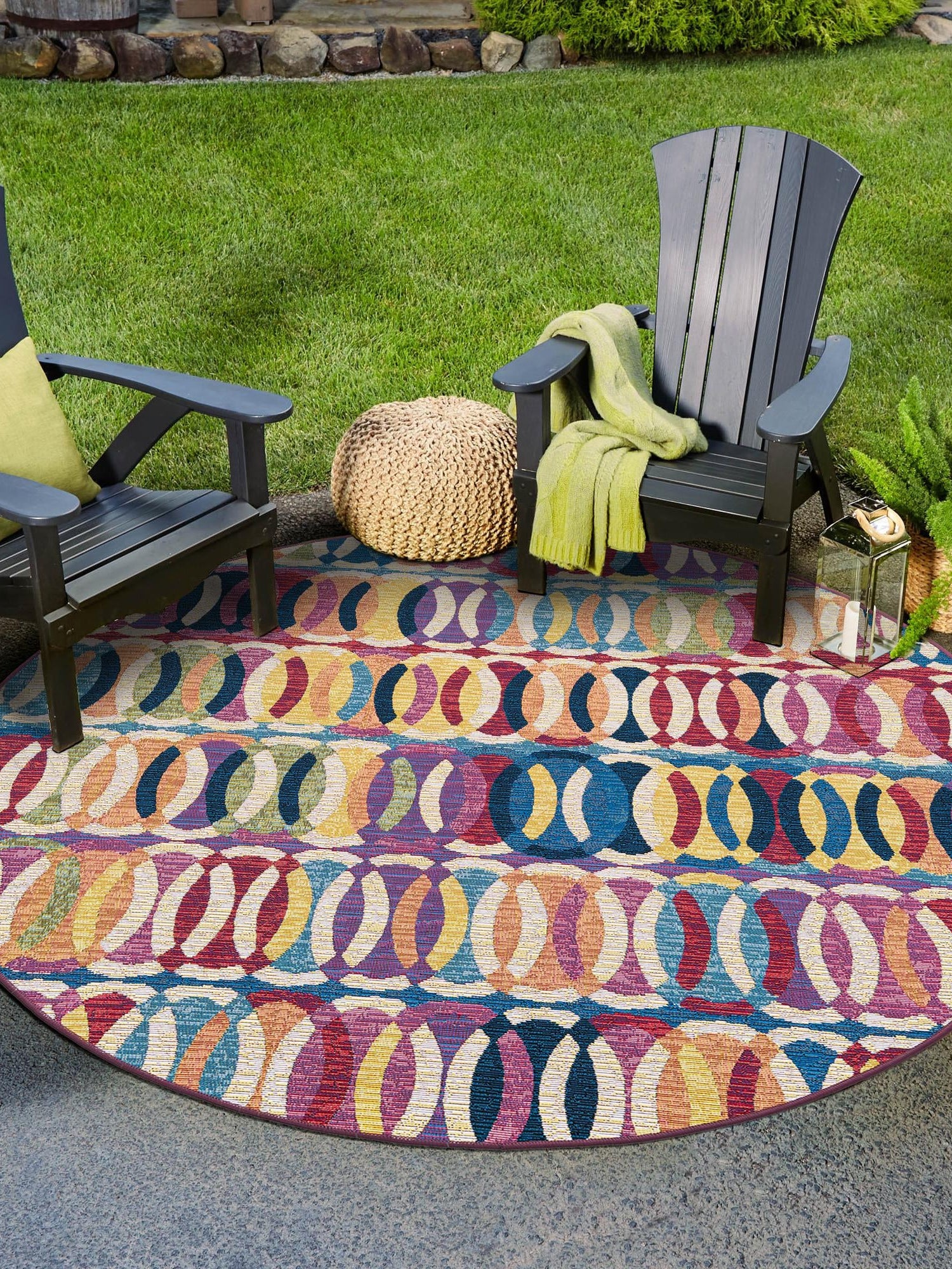 Multicolor 10' x 10' Outdoor Modern Round Area Rug Weather Resistant for Patio, Deck, Terrace, Balcony, Porch 100% Polypropylene Modern Outside Carpet for Sale at Rug Engine